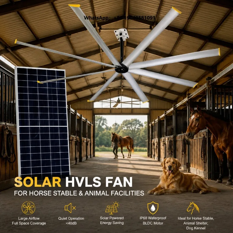 10FT Solar HVLS Fan for Horse Barn Equine Stable Ventilation Ceiling Fan Energy Saving Cooling for Animal Shelter Dog Kennel