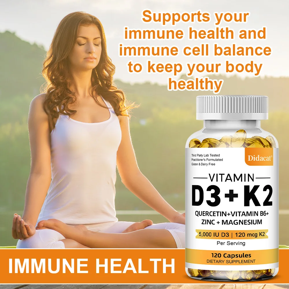 Capsule di vitamina D3 5000IU e 120 Mcg di vitamina K2 per assorbimento del calcio, rigenerazione ossea, supporto immunitario, facile da sciogliere