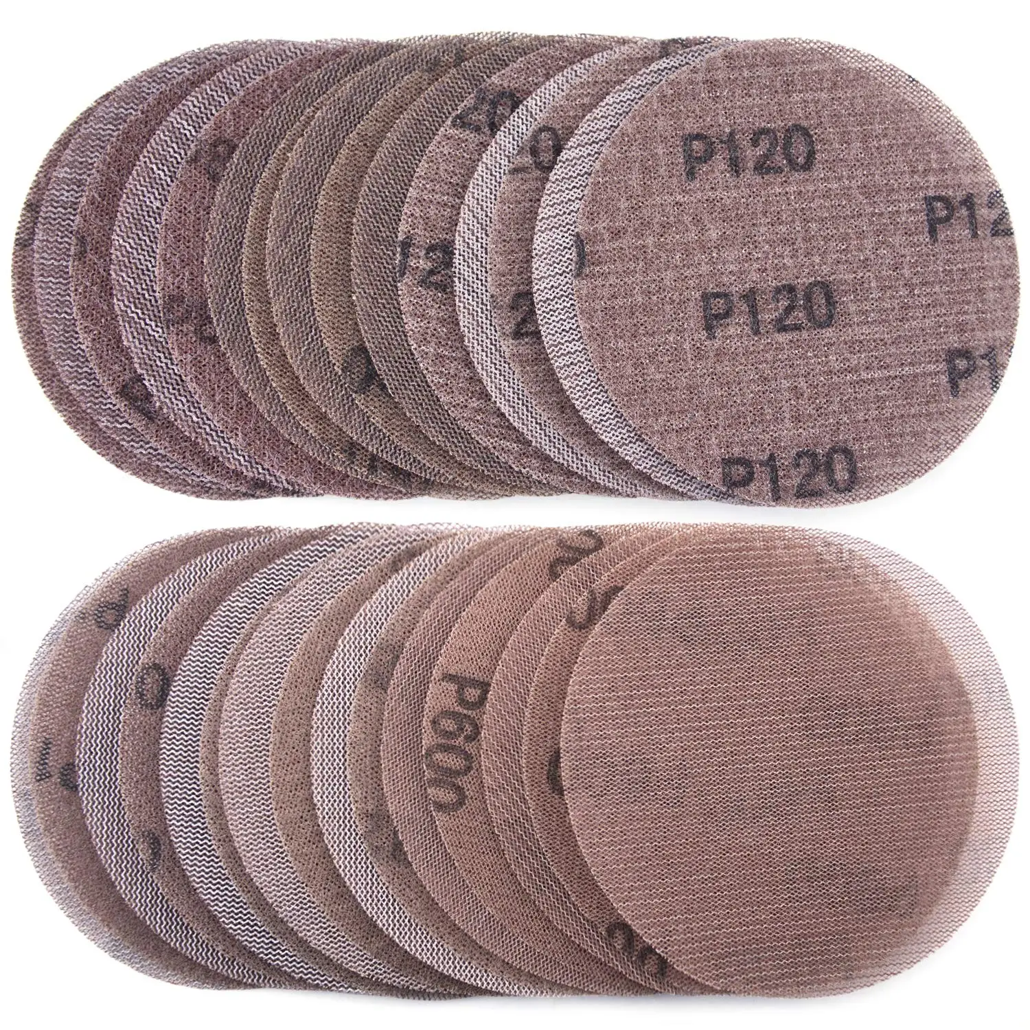 50PCS 5 Inch Mesh Hook & Loop Sanding Discs 80 100 120 150 320 600 Assort Grit Dust Free Abrasive Net Sander Disc Anti-Blocking