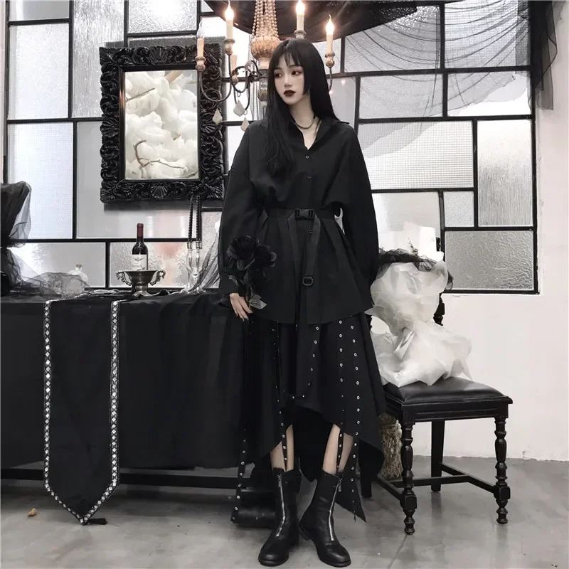 Gothic ผู้หญิงไม่สม่ําเสมอ Cargo กระโปรง Punk Streetwear หลวม Midi กระโปรง Y2K ฤดูร้อนแฟชั่นหญิงกระโปรงจีบสีดํา