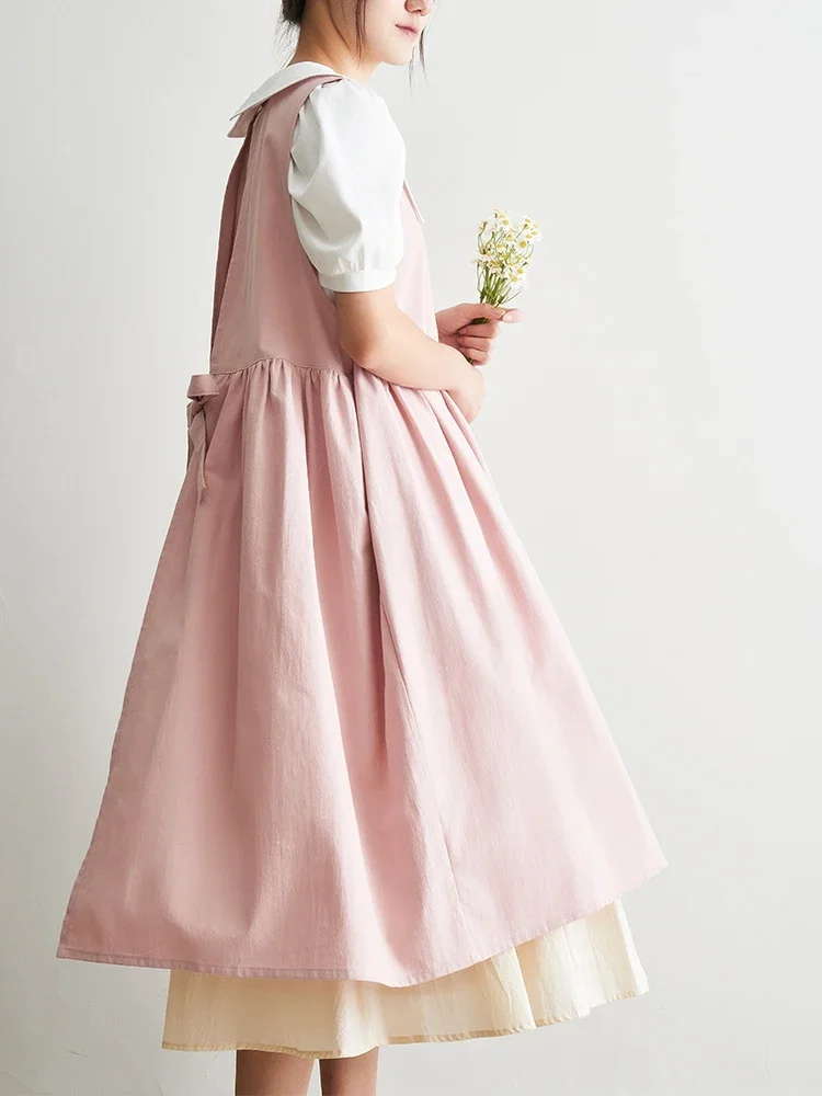 Aprons Pastoral Style Girl Work Clothes Kitchen Baking Literature Milk Tea Flower Shop Draw Soild Pleated Cotton