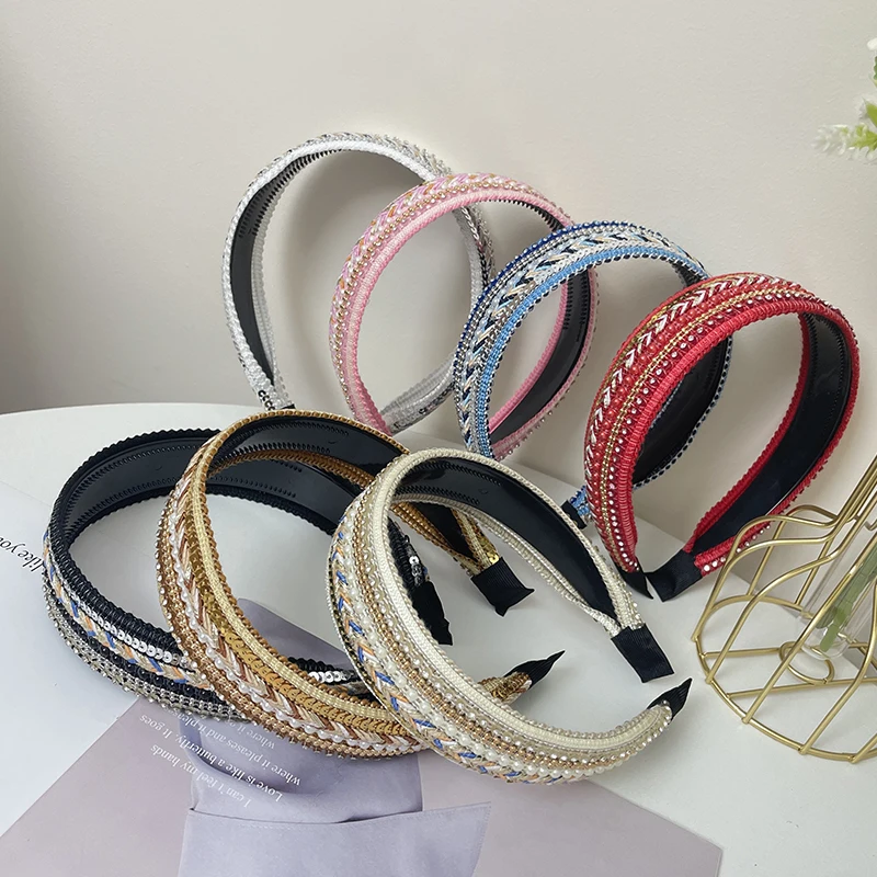 New Wide Edge Flat Hair Band Ethnic Head Band Inlaid with Diamond Pearl Sequins Pressed Hair Extension Shampoo Hair Clip