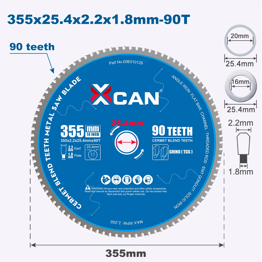 XCAN 355mm Hard Metal Cutting Saw Blade 25.4mm Bore Cut Off Saw 90T Cermet Blend Tipped Iron Cutting Disc Circular Saw Blade
