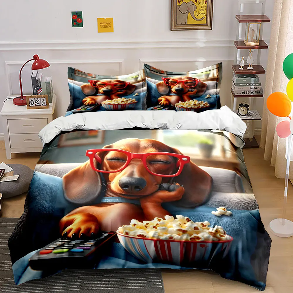 Relaxing dog with popcorn and TV Print Bedding set 3PC 1 duvet cover 2 pillowcases adult and children bedding set