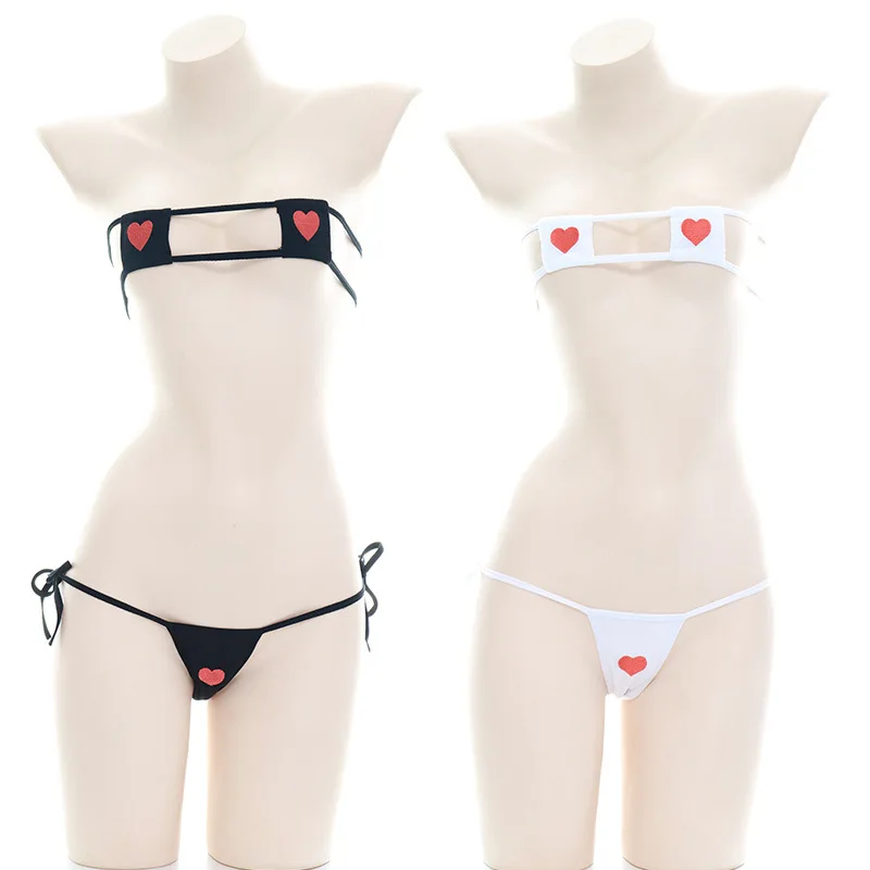 Lencería Sexy japonesa Lolita Kawaii, corazones blancos y negros, Mini Bikini para adultos, disfraces eróticos, sujetador, conjuntos de ropa
