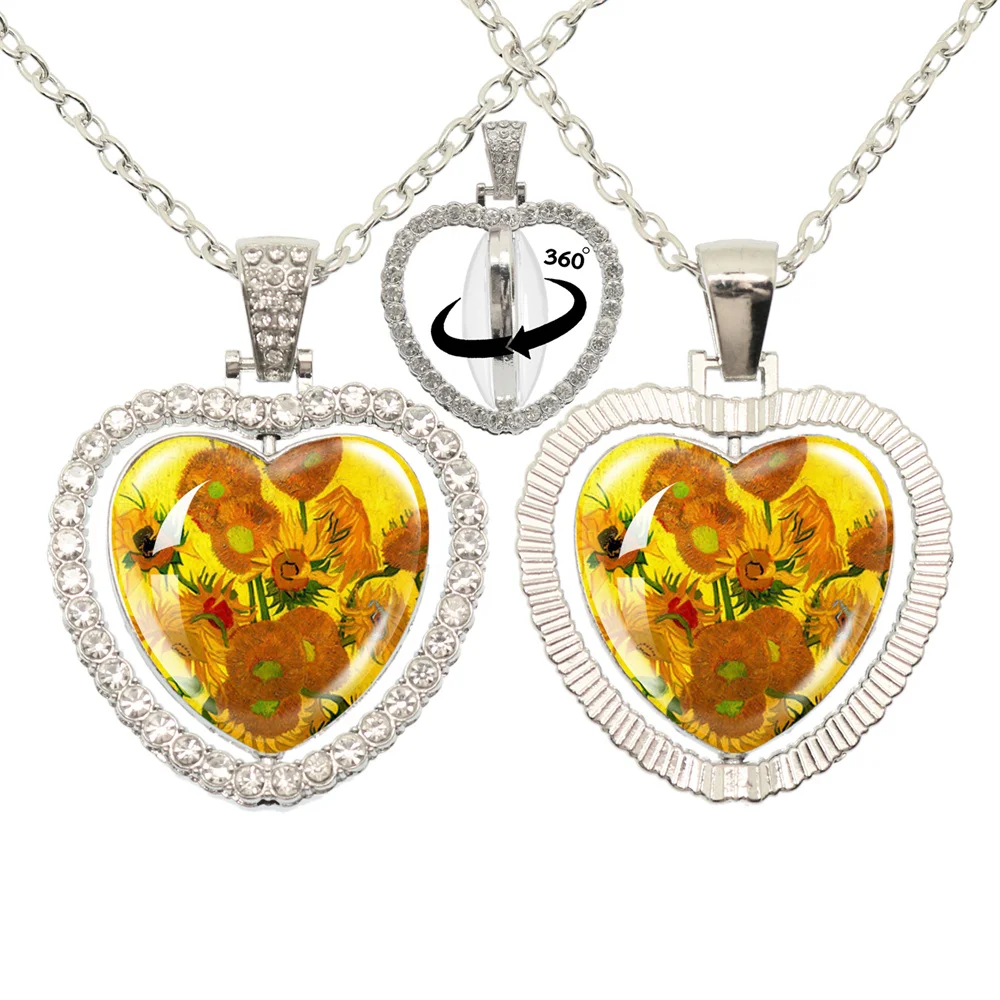 Van Gogh Art Starry Night Sunflower Peach Heart Double Sided 360 Spin Necklace Glass Pendant Printed Photo Necklaces