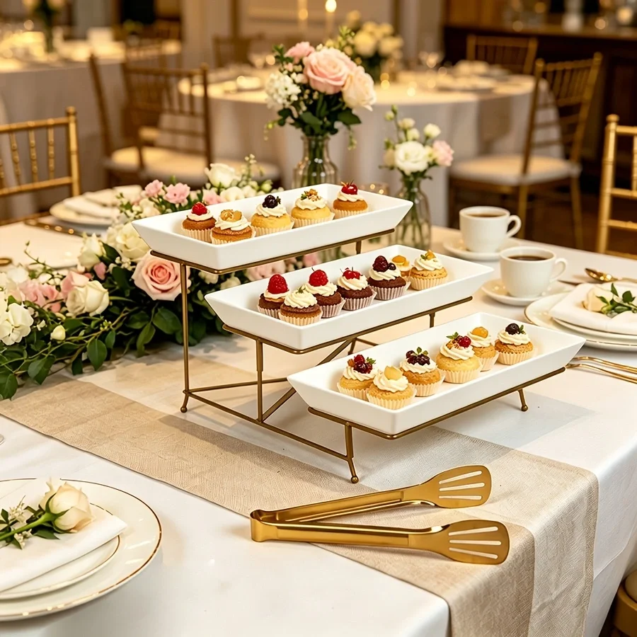 Présentoir à buffet à 3 niveaux, idéal pour agrémenter vos buffets de fête, présentoir de service pour buffet, présentoir à gâteaux et desserts à 3 niveaux avec pinces à nourriture, support transversal robuste en PP de haute qualité, présentoir léger et durable pour collations, plateau à cupcakes pour fêtes et mariages.