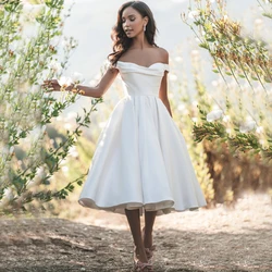Simple Off the Shoulder Short-Sleeve Wedding Dress Tea-Length Classic A-Line Open Back Bridal Princess Civil Gowns for Register
