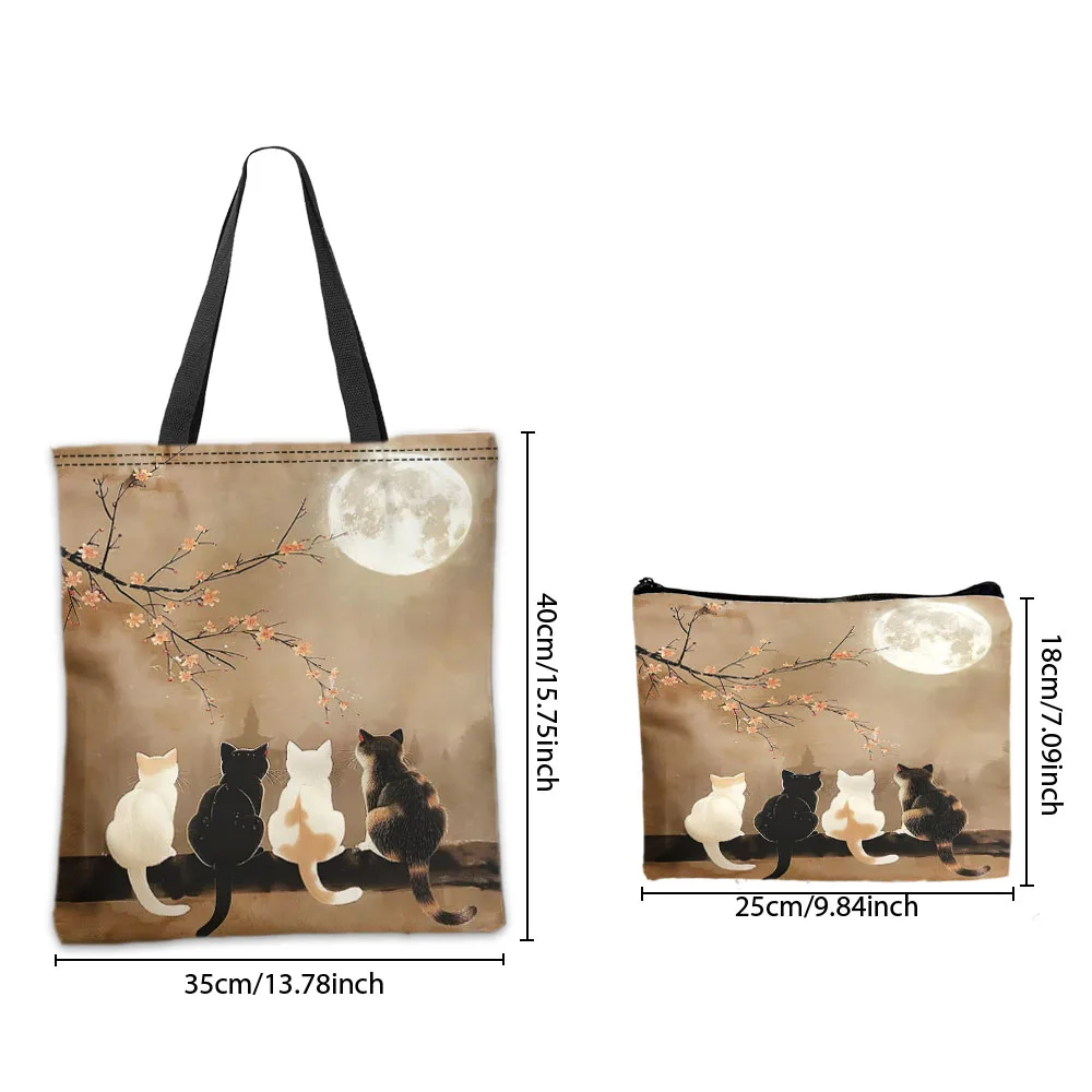 Chic Kitten Moon and Cat Shoulder Bag And Makeup Bag Reusable Shopping Bags Chic Cosmetic Pouch Handbag Women's Daily Use