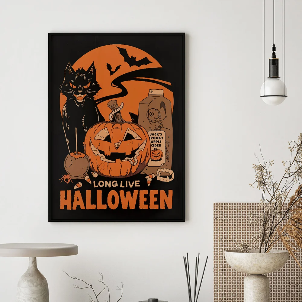 Halloween Canvas Print Poster Creepy Cat Pumpkin Design Eye Catching Bold Color Palette Game Room Living Room Study Area Decor