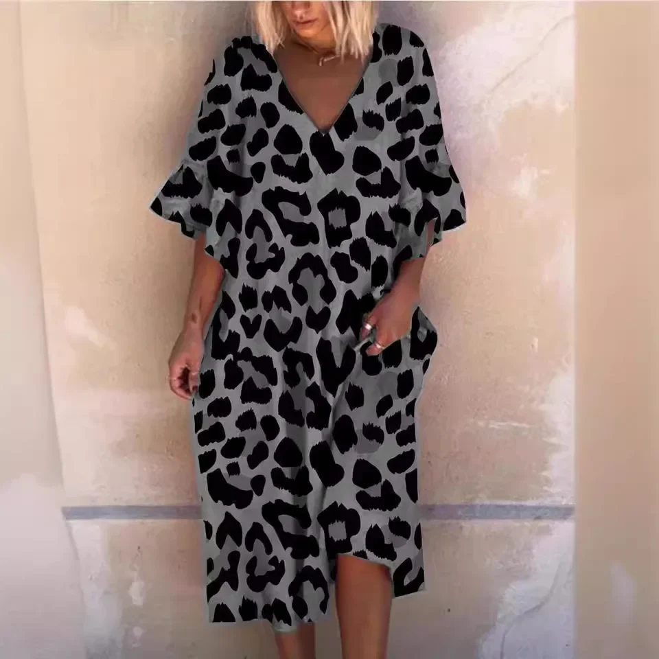 Personalized Leopard Print Dresses for Women Summer Casual Holiday Beach Dress Fashion V-neck Ruffle Sleeves Women Dress Vestido