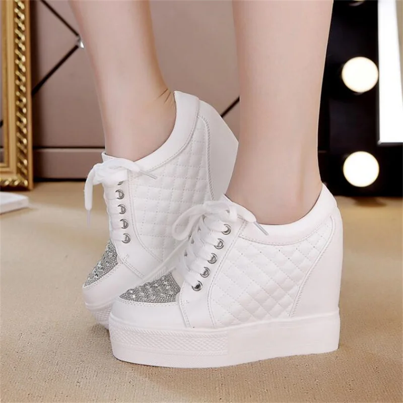 Women Sneakers Wedding Rhinestone Casual Platform Trainers White Mesh Shoes 11CM Heels Breathable Woman Height Increasing Shoes