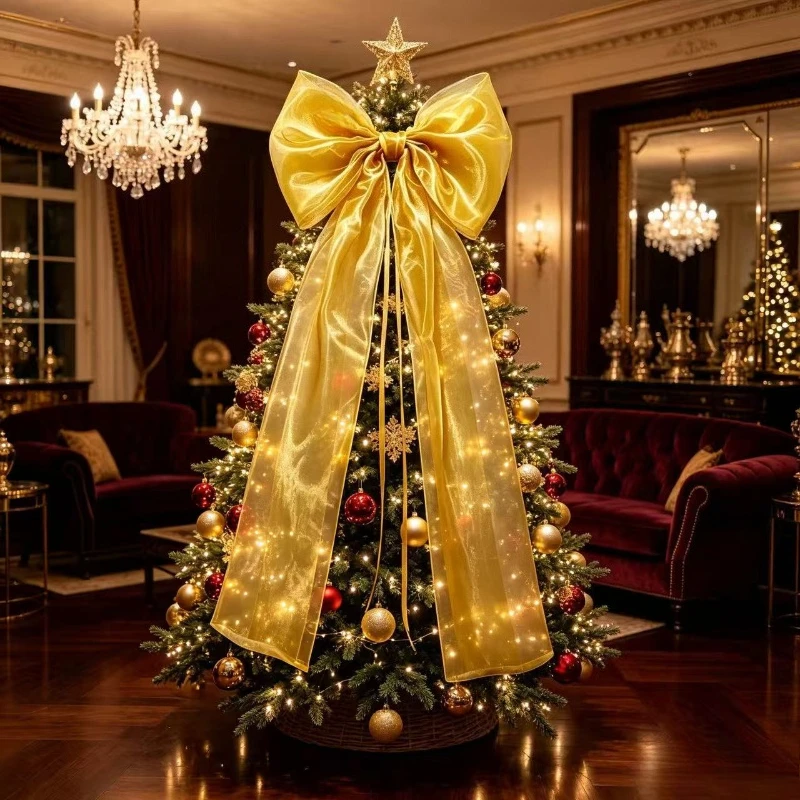 Christmas Tree Topper Bow 150cm 190cm - Handmade Multi-Layer Organza Bows & Ribbons, Gold Yellow Luxury Treetop Star D