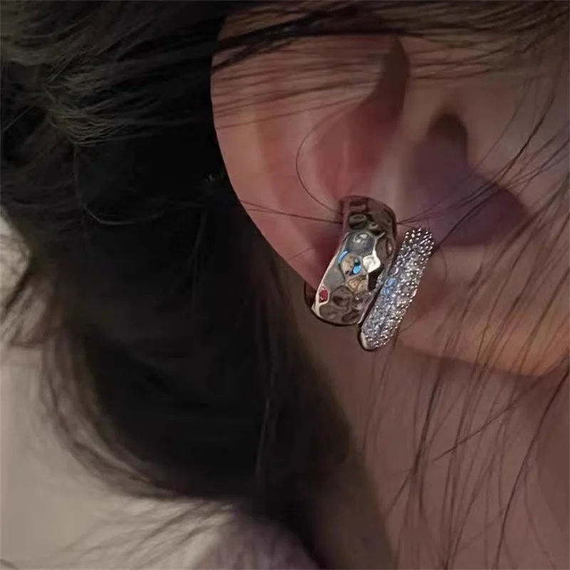 1Pc Women New Fashion Zircon Double-layer Ear Cuff No Piercing Earrings Punk Metal Geometric Ear Clip For Jewelry