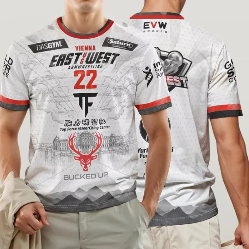 East vs West Armwrestling T-Shirt Men 3D Print Tournament Jersey Sportswear Arm Wrestling Gym Training Tee Short Sleeve Unisex