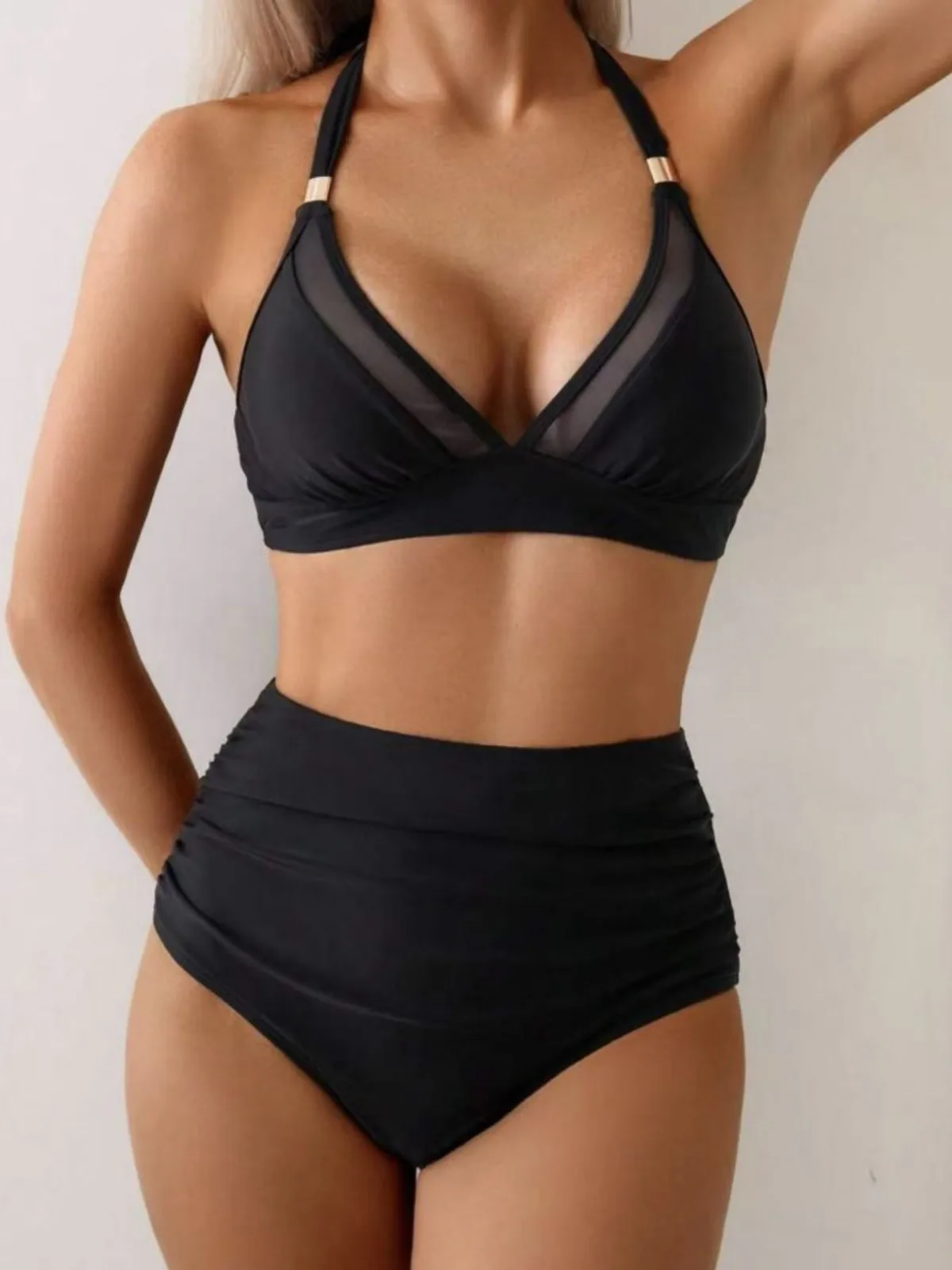 Damski strój kąpielowy bikini z siateczkowymi wstawkami, push-up, wiązany z tyłu, dwuczęściowy, seksowna odzież plażowa, seksowny strój kąpielowy bikini typu halter, 2026