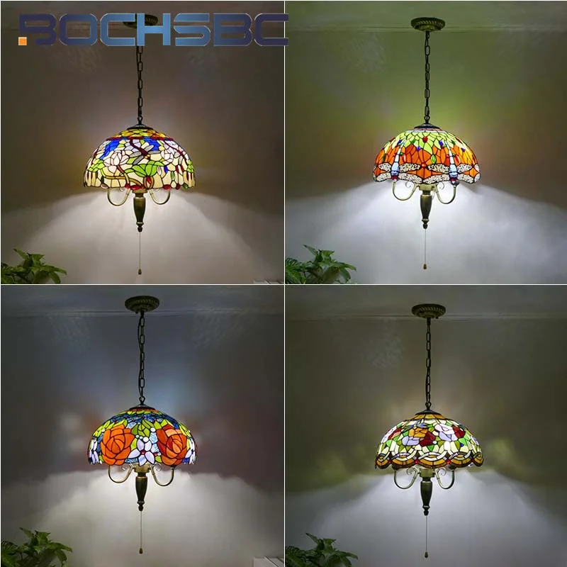 

BOCHSBC Tiffany style Stained glass 16inch American Garden Chandelier Pendant lamp Vintage Dining Room Bedroom hallway Cafe deco