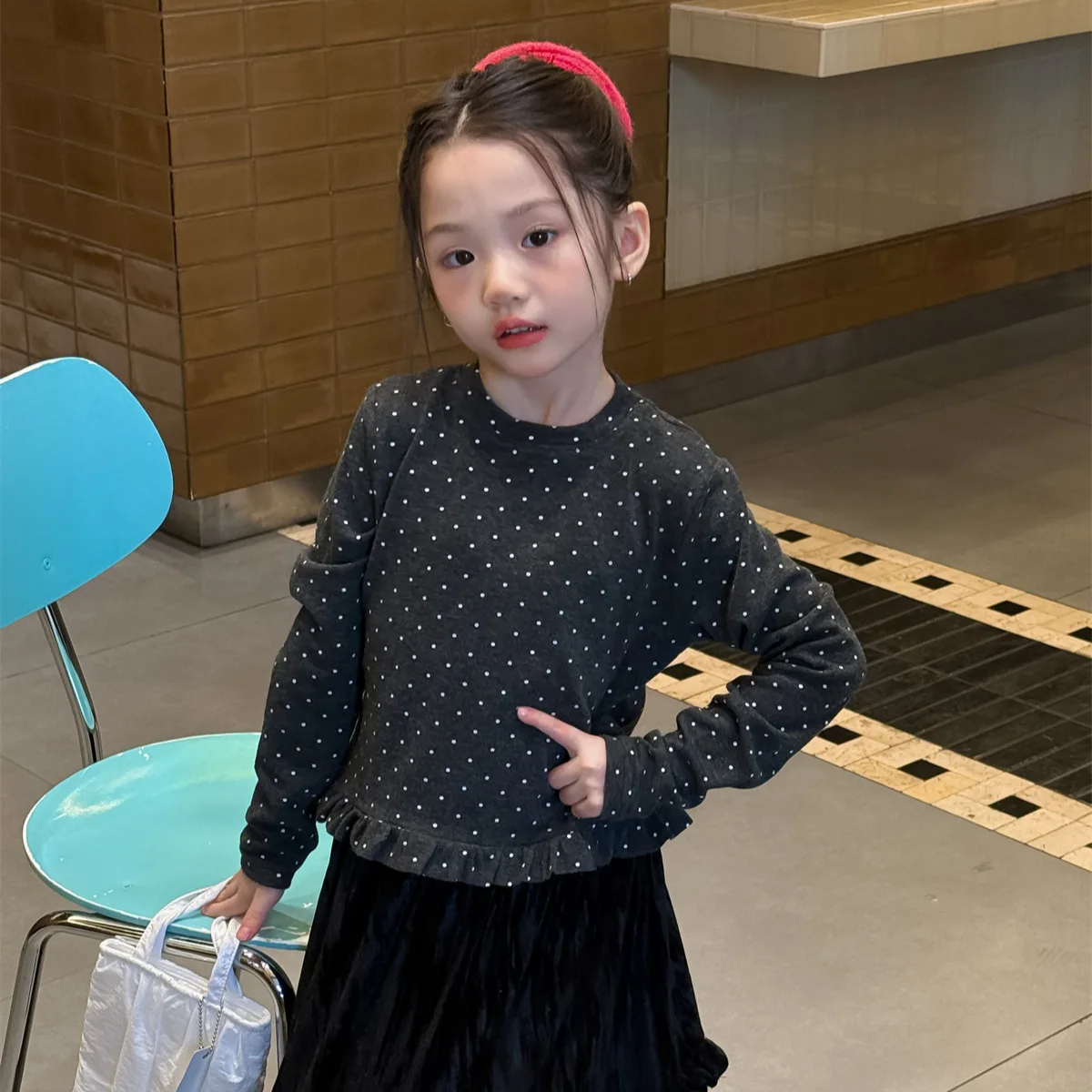 

Girls Top 2025 Autumn and Winter New Childrens Clothing Korean Style Girl Baby Full Print Polpok Point Long Sleeve Bottom Shirt