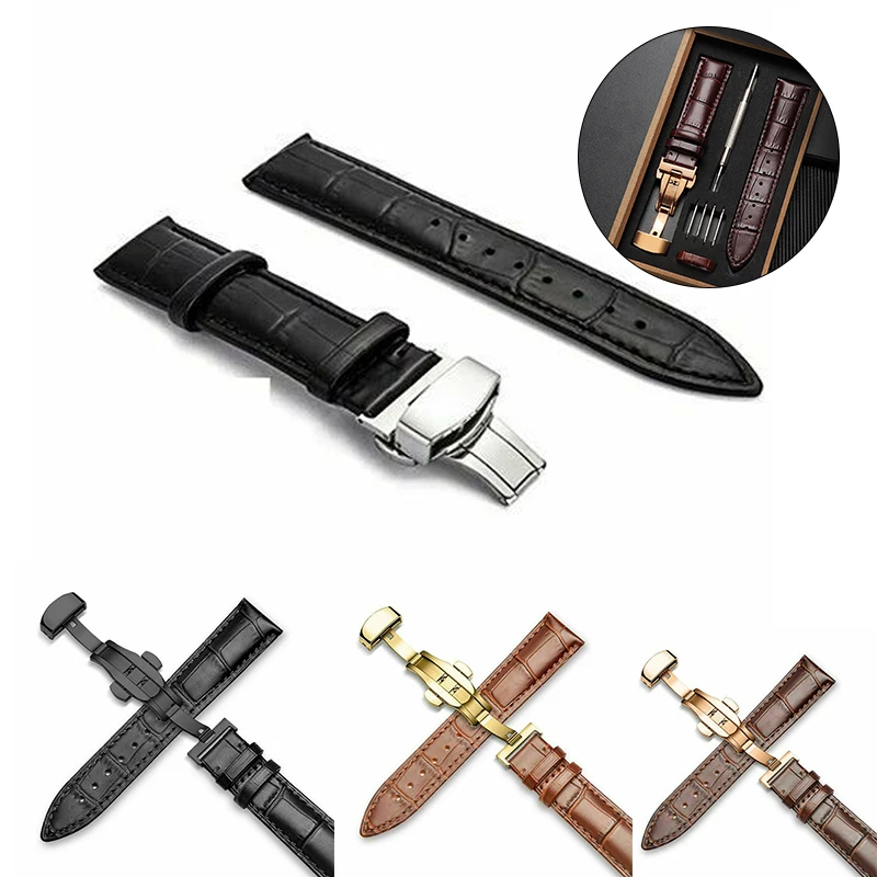 

Genuine Leather Watch Band Strap Kit Replacement Deployment Clasp 18/20/22/24mm Butterfly Buckle Waterproof Durable DIY