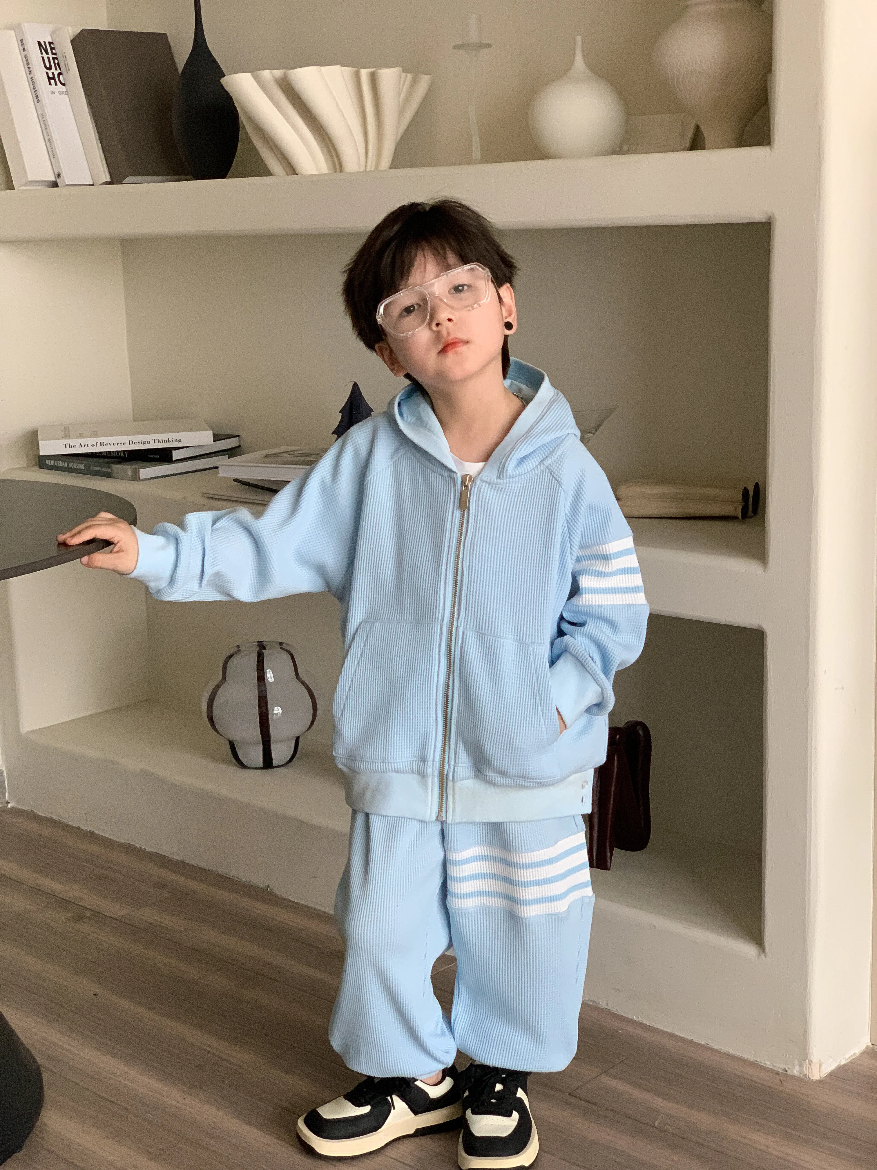 Tb Style 24 New Spring And Summer For Boy Academy Style Waffle Light Blue Hooded Two Pieces Suit Lab Cici