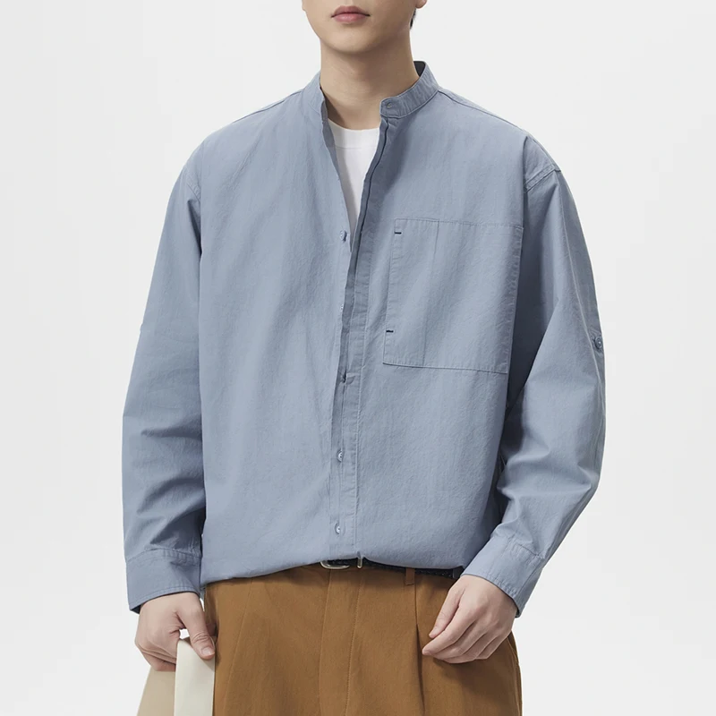 Men Business Casual Commute Loose Long Sleeve Stand Collar Shirts Male Clothes Tops Old Money Simple Fashion Cotton Linen Shirt