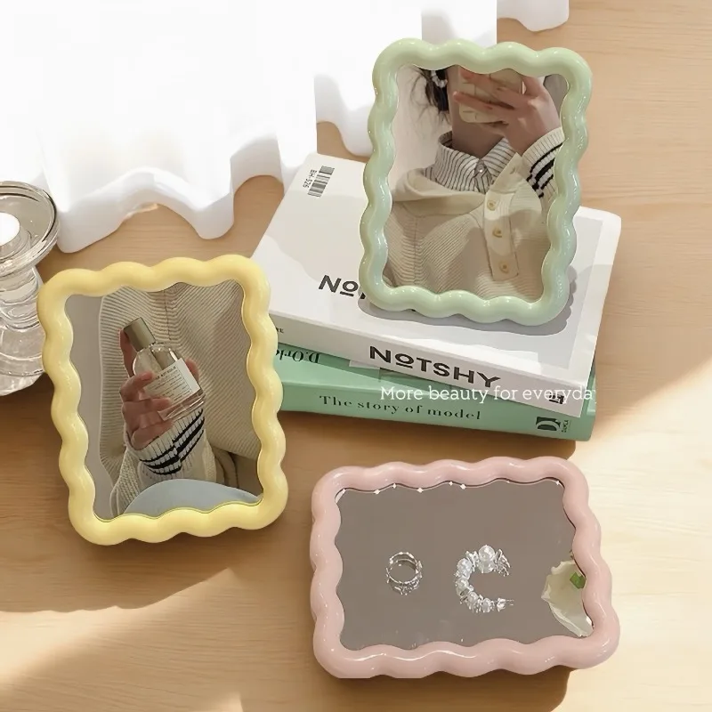 1PC Cute Wavy Makeup Mirror Tabletop Standable Wall Mount Portable Small Mirror for Student Dorm Office Home Decor