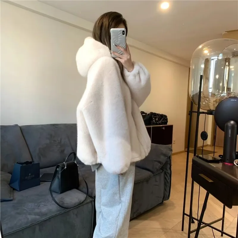 Abrigo de piel de algodón de longitud media para mujer, Jaet de piel sintética holgado y cálido para invierno con capucha, ropa de algodón cálida para toda la piel