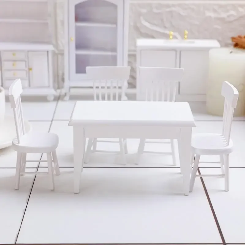 1SET Miniatures Wooden White Simulation Dining Table Chair 1:12 Dollhouse Furniture Toy