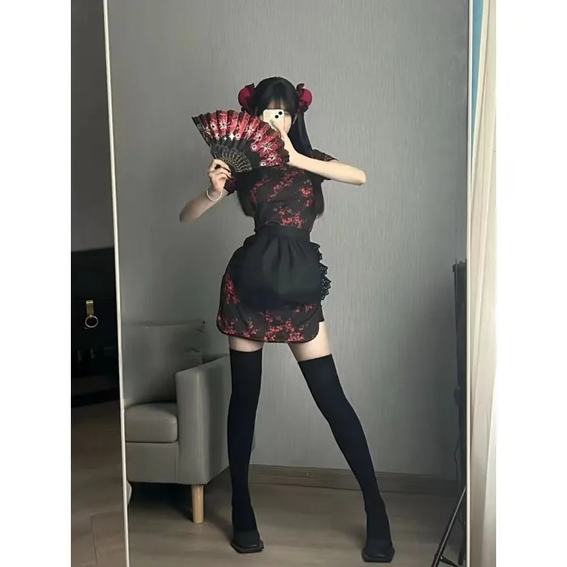 Vestido de princesa Cheongsam chino de talla grande, delantal de mucama Lolita, vestido QiPao Roleplay, Mini vestido Hanfu moderno mejorado