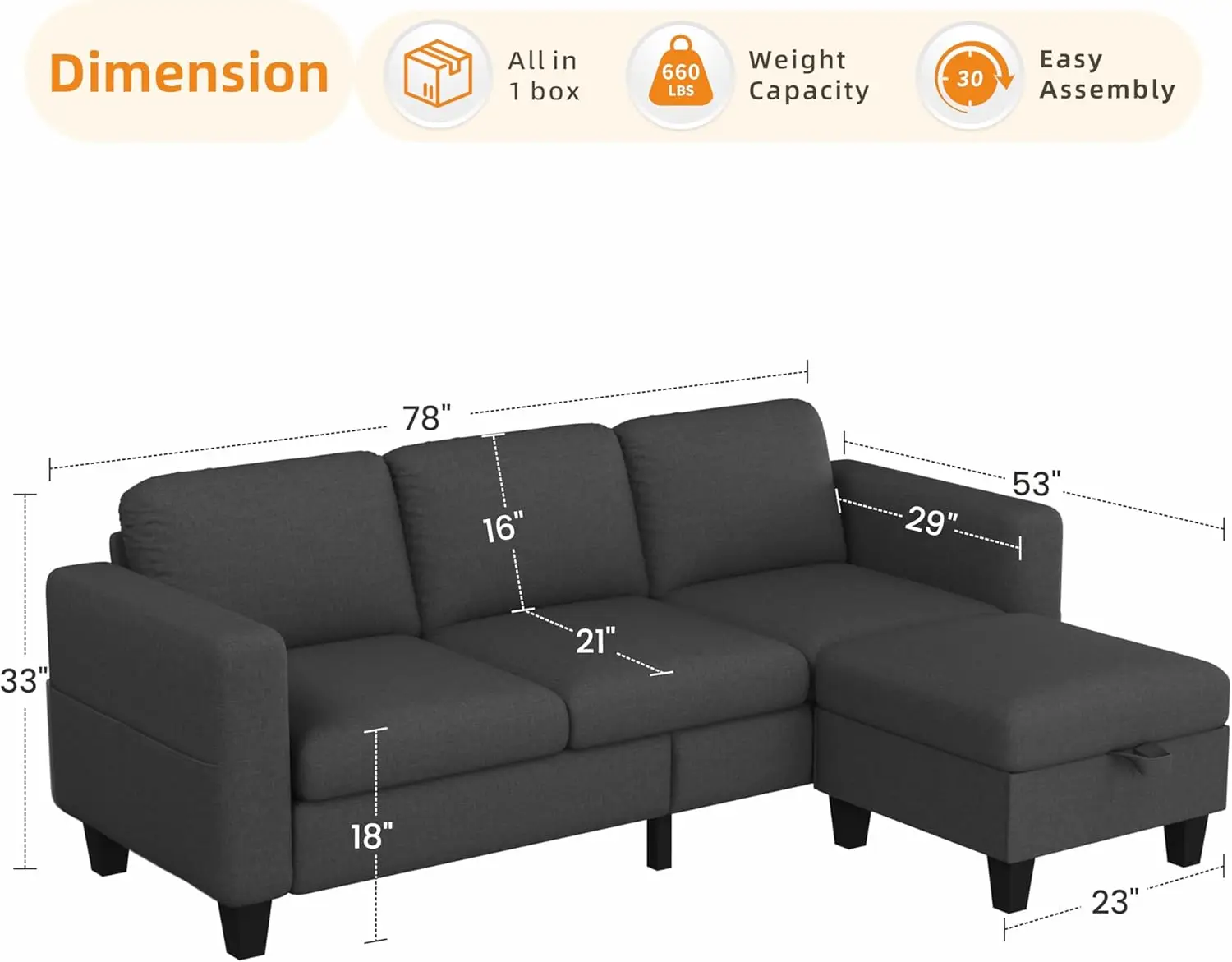 Sectionele Sofa Banken Voor Woonkamer-78 ''Donkergrijs 3 Zits L-Vormige Bank Met Opslag Ottoman, Moderne Stof Converteerbaar