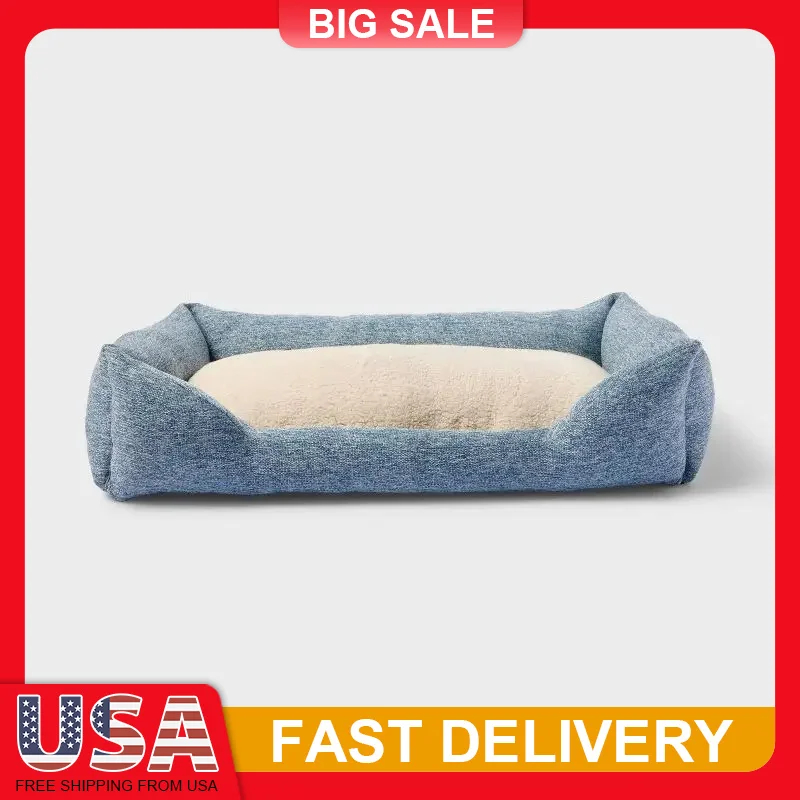 

Cuddler Dog Bed Rectangular Raised Bolster Sides Faux Shearling Soft Filling Non Slip Base Machine Washable Cover Cozy Comfort