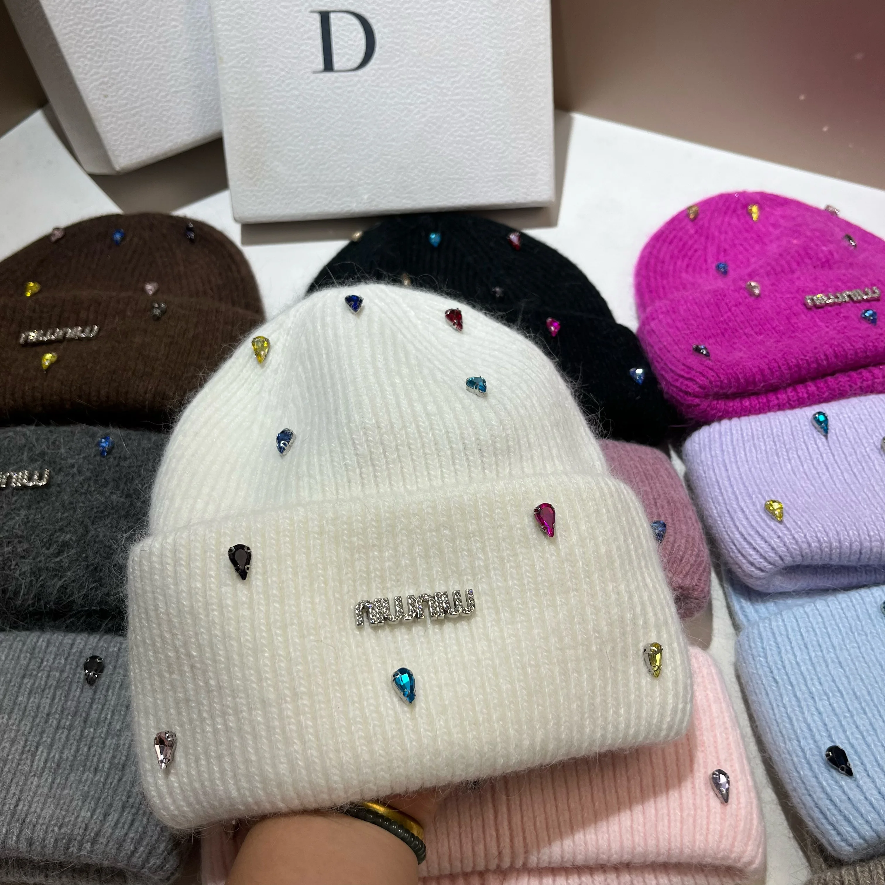 Paris Fashion Colored Water Diamond Rabbit Hair Knitted Hat Winter Thickened Warm Hooded Knitted Hat Sweet Girl Ear Protection H