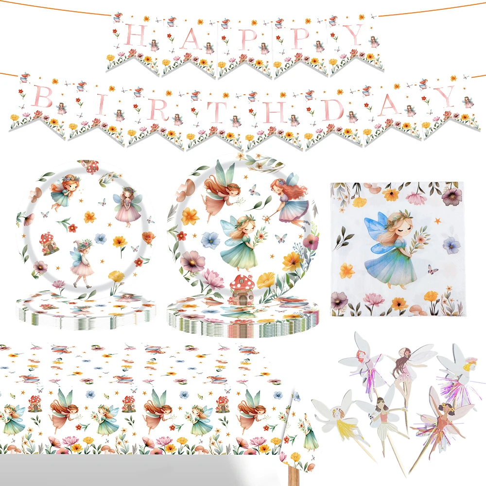 Fairy Party Decoration Fairy Disposable Tableware Paper Plate Cup Napkin Tablecloth Birthday Banner Cake Topper