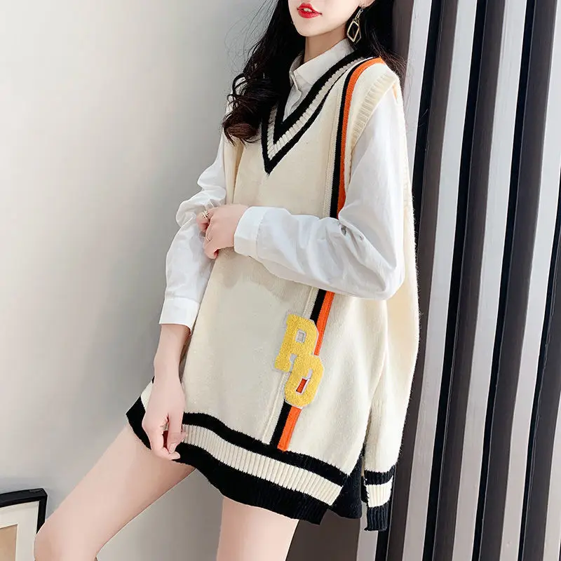 Lady Sweaters V-Neck Black Color Matching Waistcoat Long Pullover Knit Vests for Women on Offer Korean Style Clothing Casual Y2k