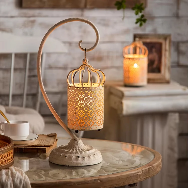 Eid Mubarak Decoration Vintage Style Ramadan Festival Supplies Hollowed Out Iron Lanterns Candlesticks for Home
