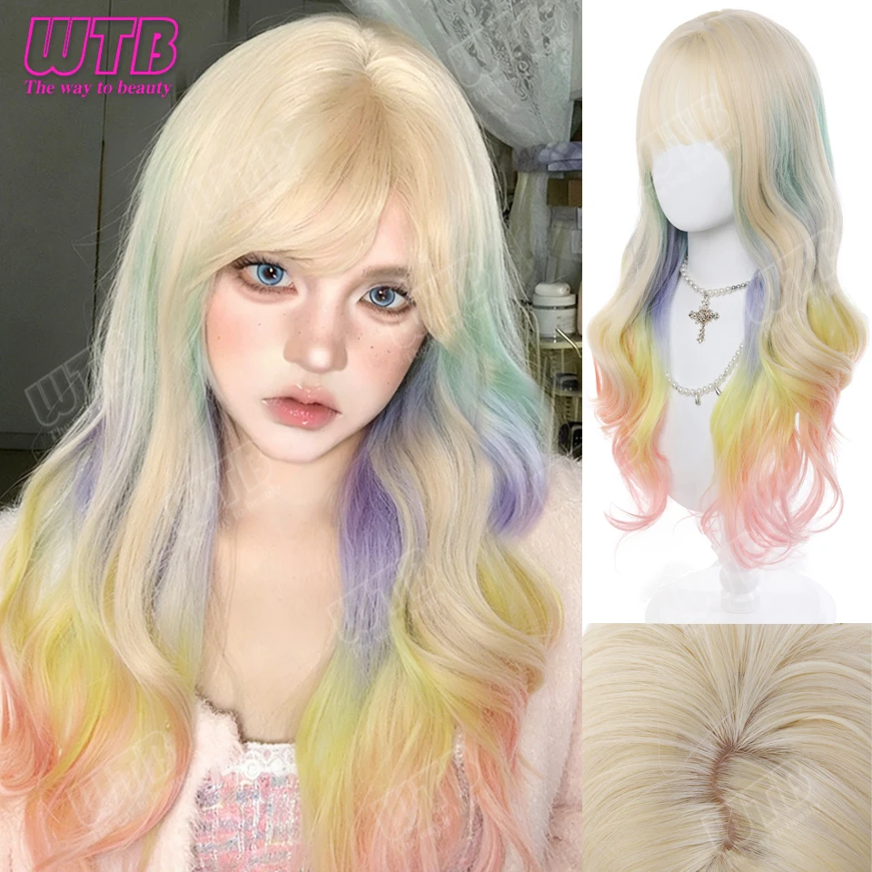WTB Long Curly Synthetic Lolita Wig with Highlights and Bangs Suitable for Women and Girls to Wear Everyday and Holidays
