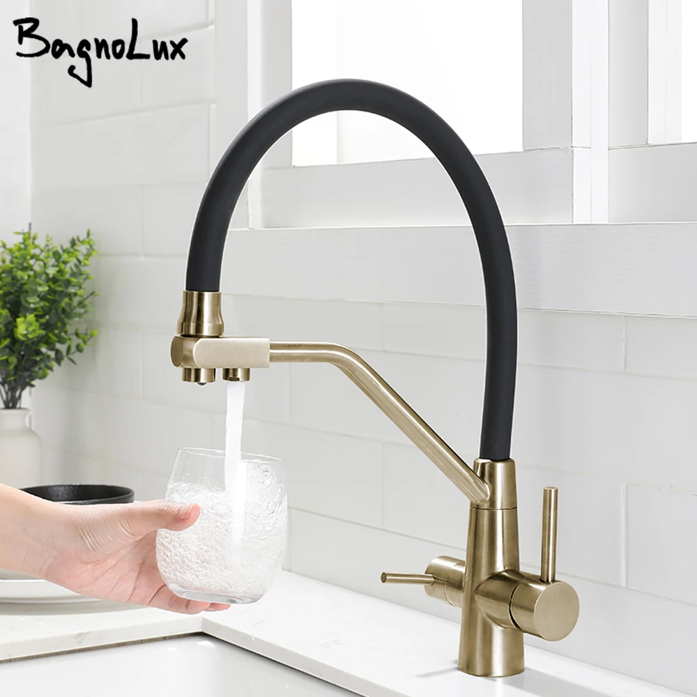 Выдвижной кухонный кран с двойной ручкой, смеситель с одним отверстием, кран для горячей и холодной воды с фильтром, цвет золото, Альба, черный