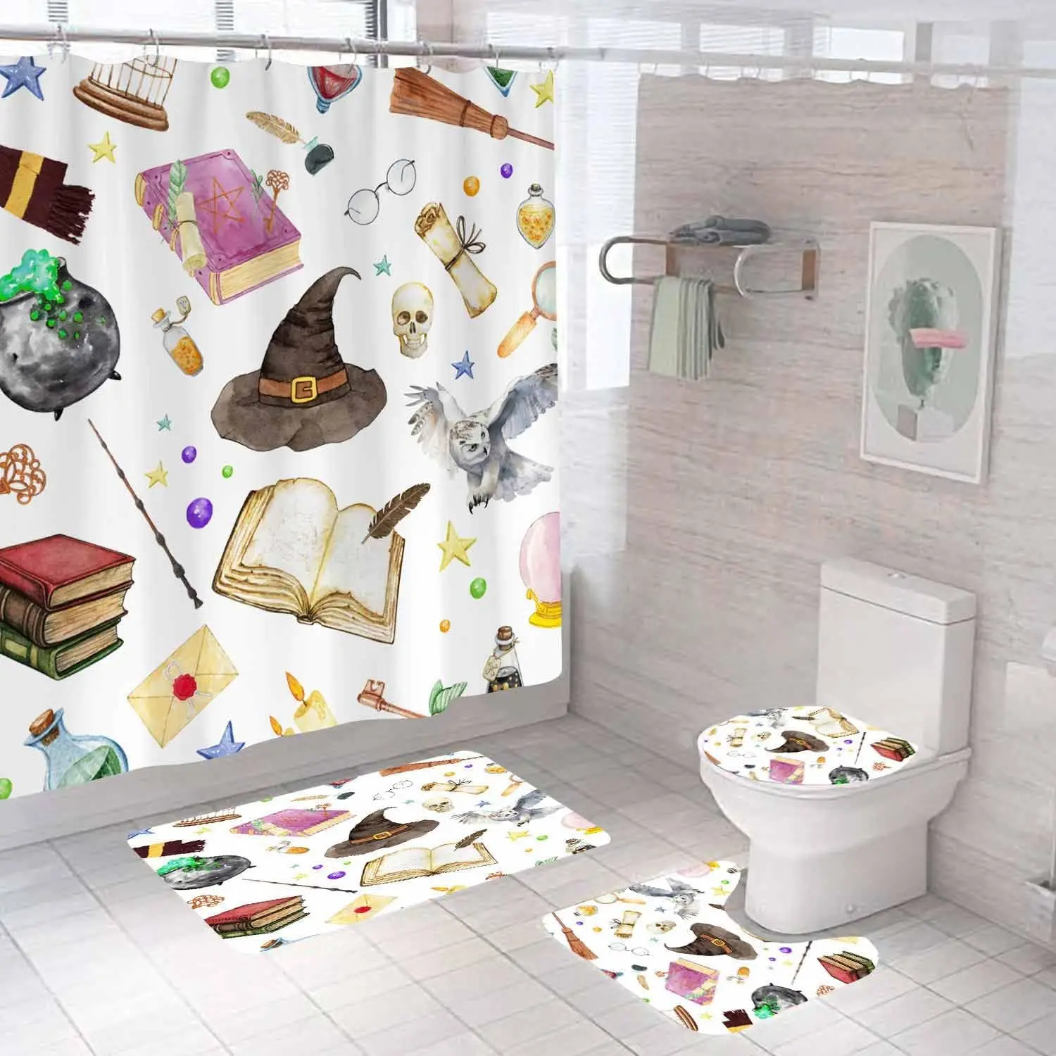 طقم ستائر دش الهالوين السحرية المكونة من 4 قطع مع سجاد، ستارة دش سوداء من القماش المقاوم للماء، معالج كتاب سحري مضحك