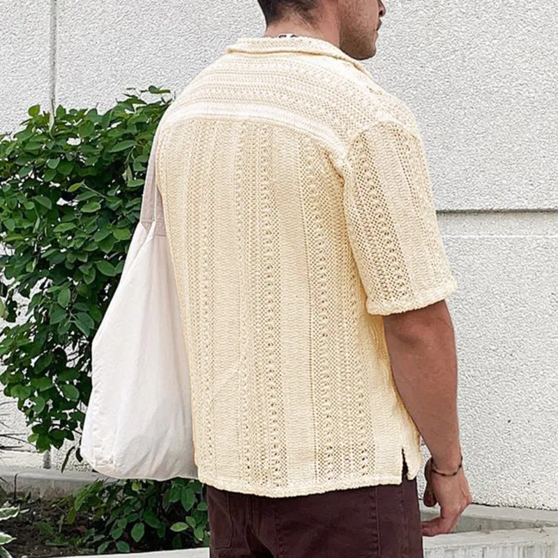 WVGA Men's Summer New Knitted Cardigan  Hollow Out Short Sleeve Shirt Solid Color Niche Chic Casual Turn-Down Collar Tops W23249