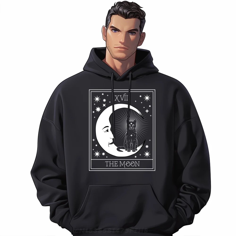 

Tarot Card Crescent Moon And Black Cat Cosmic Graphic Vintage Hoodie Men Men Long Sleeve Tee Man Tops Tees Group