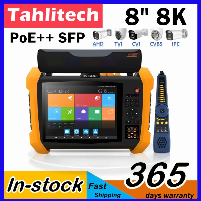 8K IP Camera Tester,CCTV Tester 90W PoE Power Out 8MP SDI TVI CVI AHD Camera Test Digital Multimeter OPM VFL WiFi Network Tools