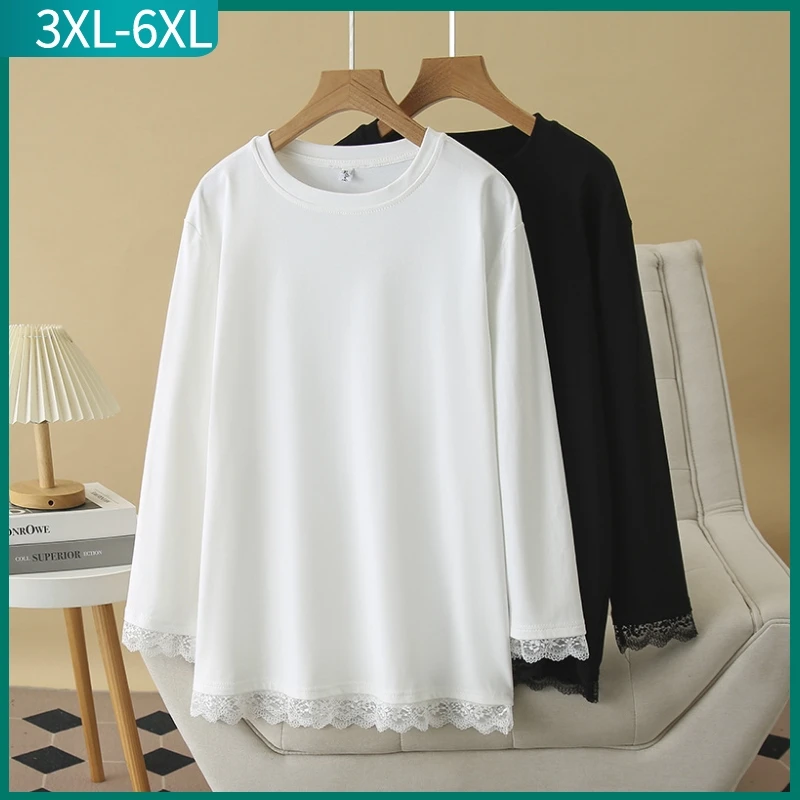 2025 Spring Autumn Plus Size Long T-shirt For Women Large Size Long sleeve Loose Cotton Lace O-neck T-shirt 3XL 4XL 5XL 6XL