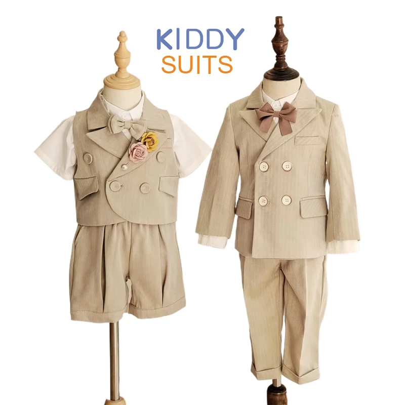 

Boy's Formal Suit 4 pieces Set Including Blazer Vest Pants Bow-tie And Vest Set Kids Suits Dress Wedding Khaki striped Clothes