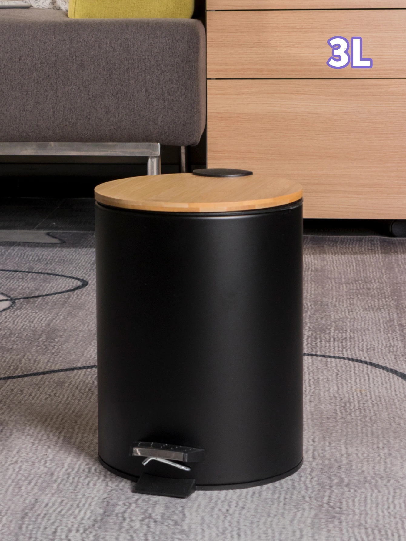 Simple household circular bamboo lid trash can with foot slow down living room kitchen hotel room foot trashcan