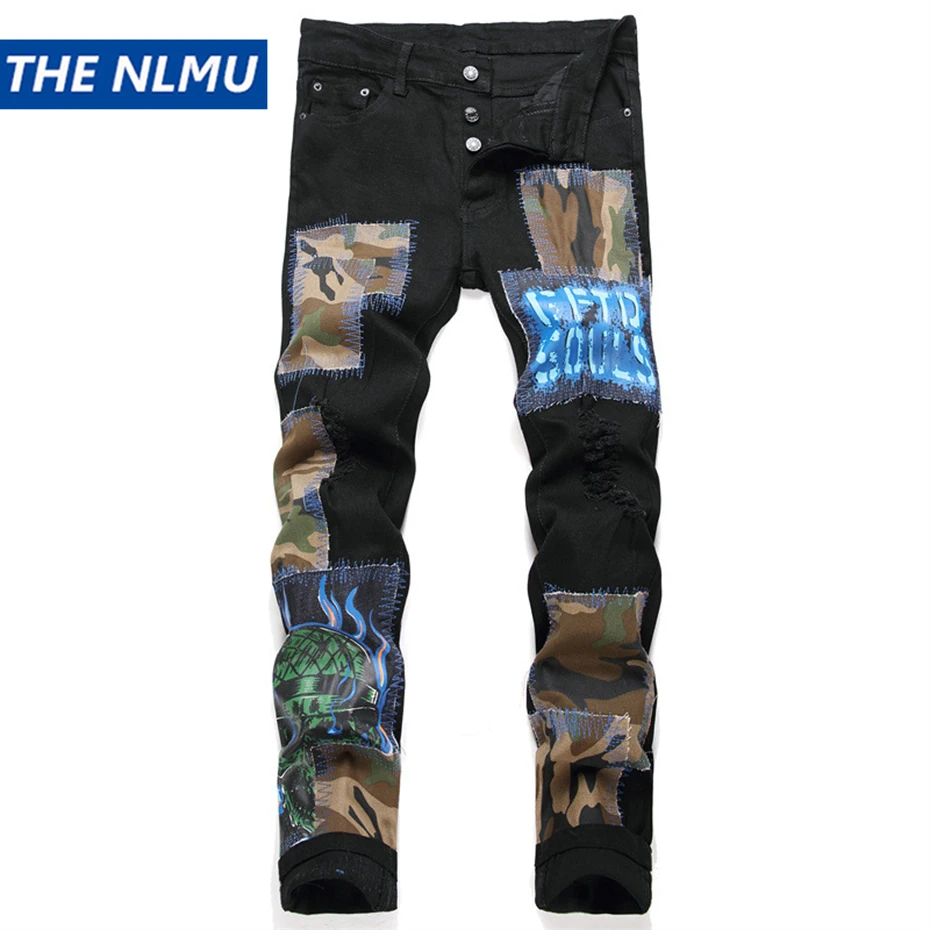 Fashion Ripped Patchwork Jeans Men Harajuku Streetwear Hip Hop Black Jeans Trend Slim Denim Pants