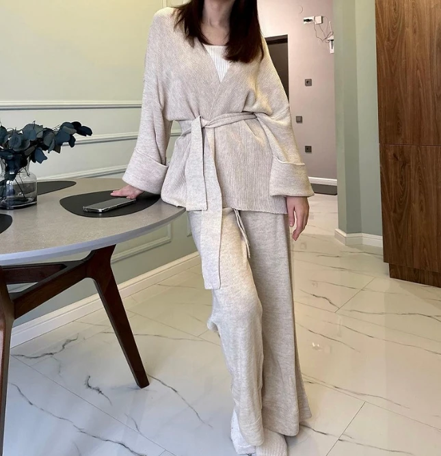 Solid Color French Loose Comfortable Home Nightgown Women Cross Tie Long Sleeved Pajamas Paired with Cotton Linen Casual Pants