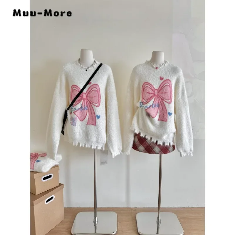 

Sweet Casual Elegant Knitting Long Sleeve Bow Pullovers 2023 Winter Korean Fashion Women Jumpers Letter Print Round Neck Sweater