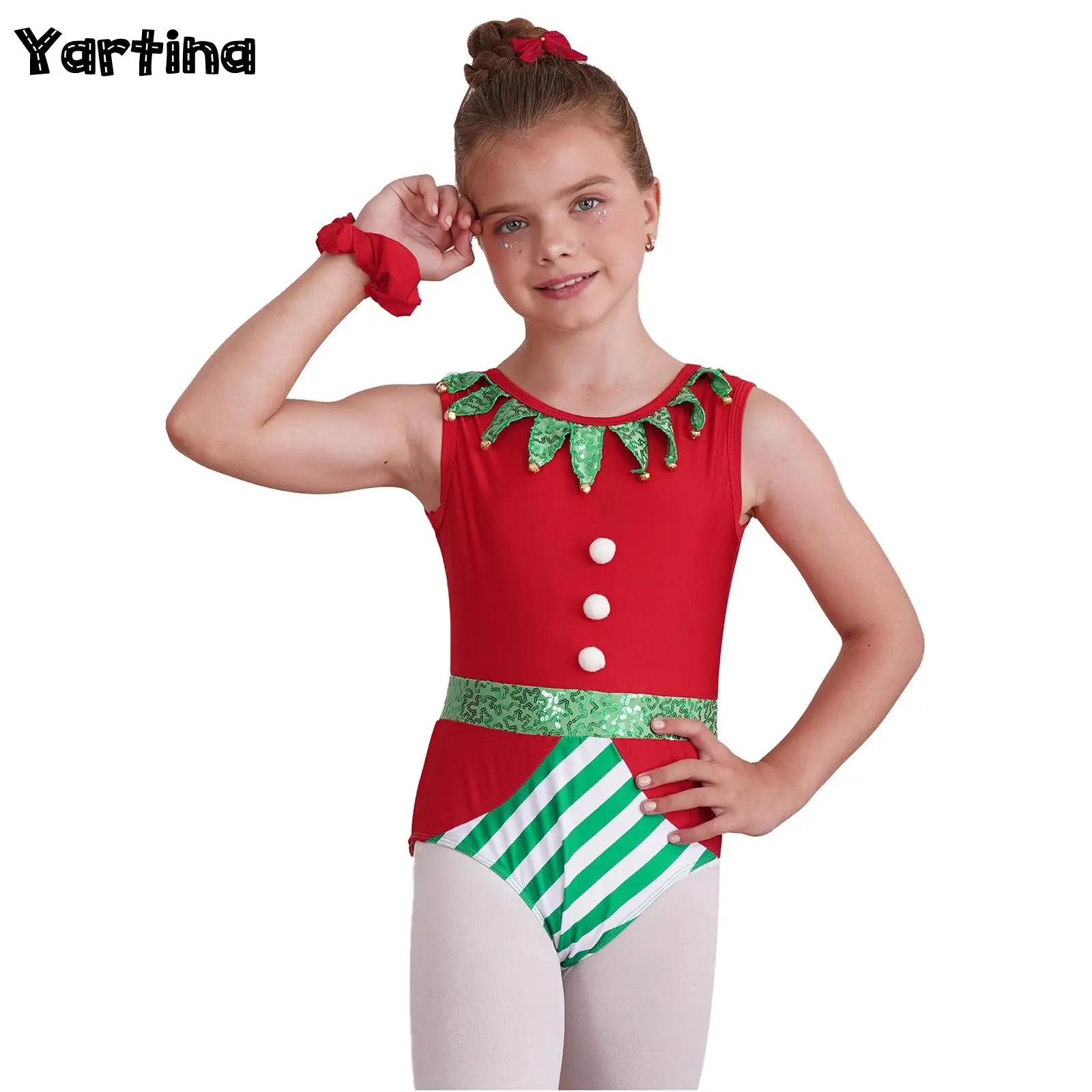 

Girls Christmas Xmas Elf Santa Cosplay Costumes Gymnastics Leotard Jumpsuit Bell Pom Pom Sequin Adorned Elastic Headband Outfits