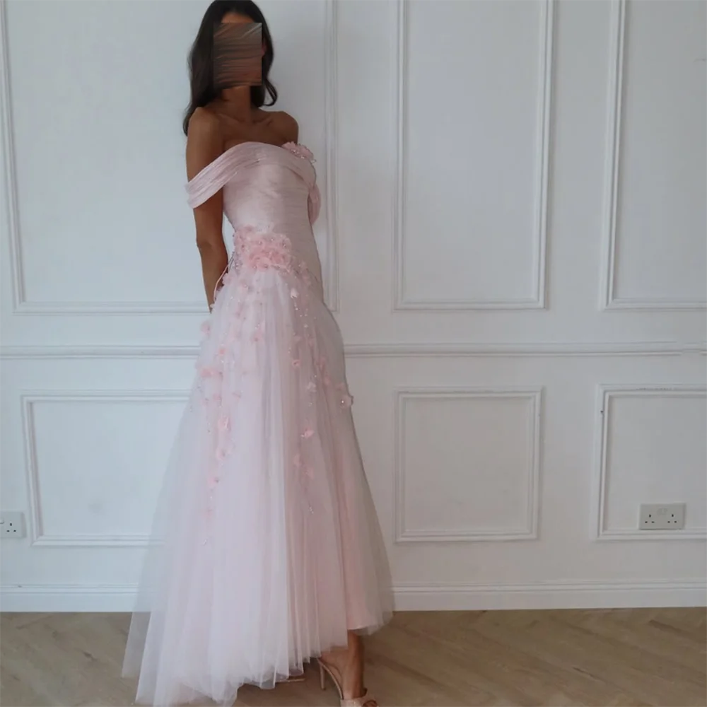 

Customized Boat Neck A-Line Prom Gown Backless Pleat Off The Shoulder Flowers Appliques Evening Dresses Long organza Party Dress