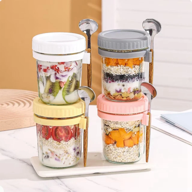 BAAG-Set Toples Oatmeal Semalam yang Dapat Digunakan Kembali, Stoples Kaca Tersegel 350 Ml Dengan Tutup Dan Sendok, Digunakan Untuk Sereal Dan Yogurt.